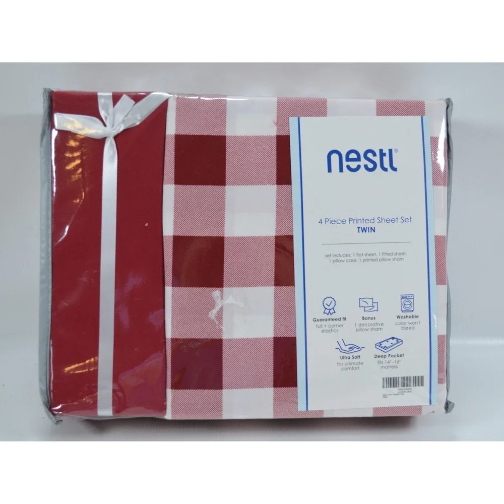Nestl Extra Deep Pocket Twin Size Sheets Ultra Soft 4-Piece Set Red White Check‎